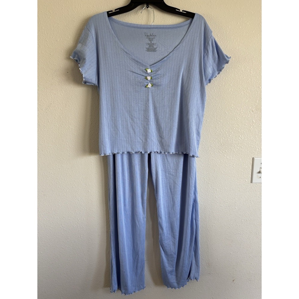 Roudelain Blue Ribbed Pajama Set Floral Trim Lounge Sleepwear Size M NWT